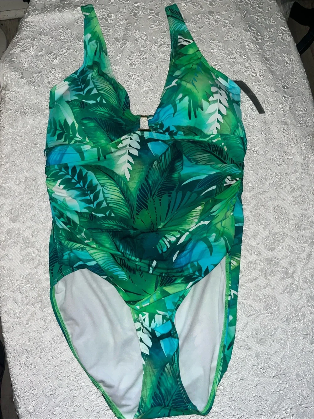 Ralph Lauren Teal & Green Tropical Leaf One-Piece Swimsuit - Picture 3 of 9